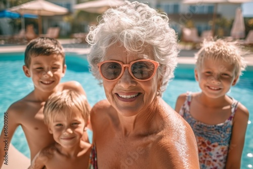 An old woman with her grandchildren on a spa vacation. Background with selective focus. AI generated, human enhanced © top images
