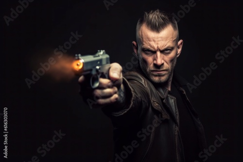 A man with a gun. Background with selective focus. AI generated, human enhanced