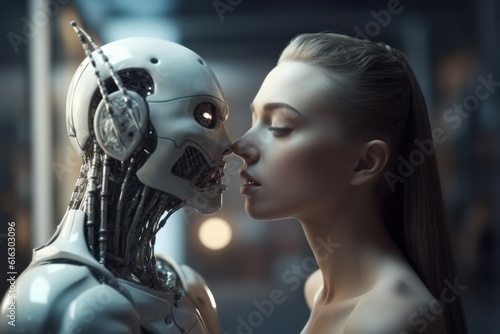 The concept of love and relationship with a robot. AI generated, human enhanced.