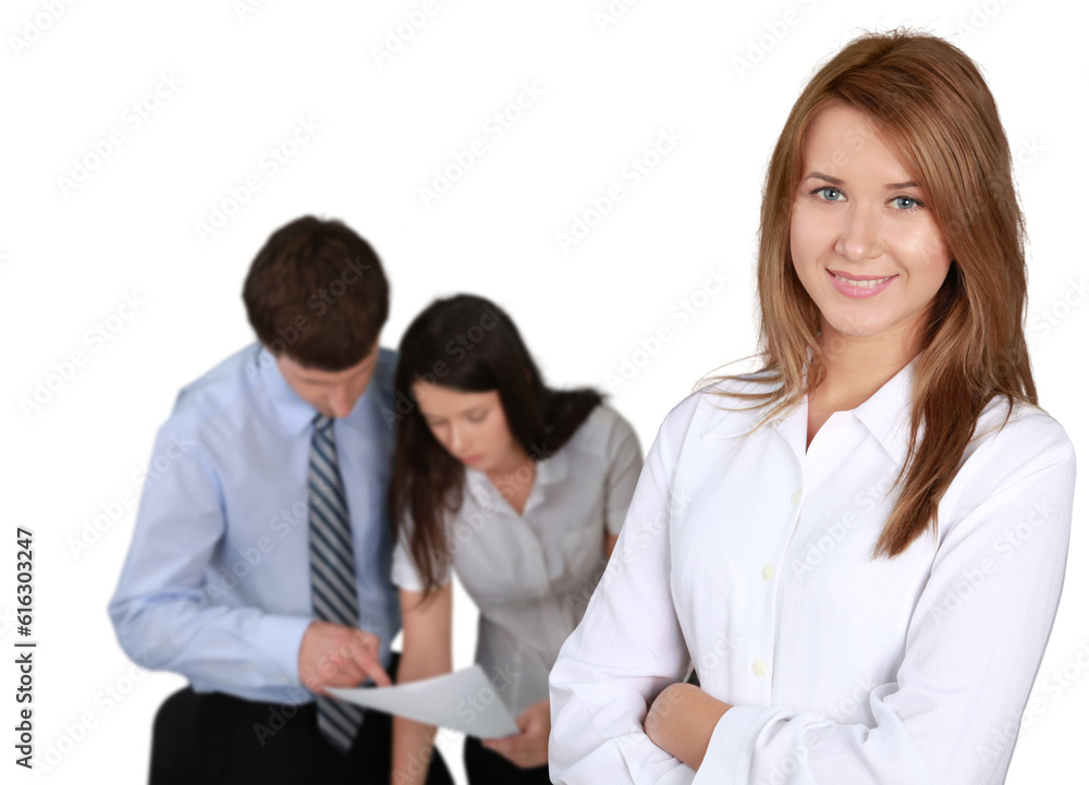 Friendly Businesswoman and Talking Collaborators in Background - Isolated