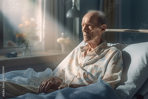 Billede på lærred Portrait of sick senior man lying in bed ai generated