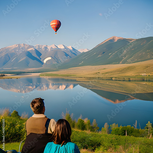 Generative AI, Generative, AI, IA, generativa, IA generativa, Dos personas observando un globo aerostático volando sobre un paisaje con un lago y montañas  photo