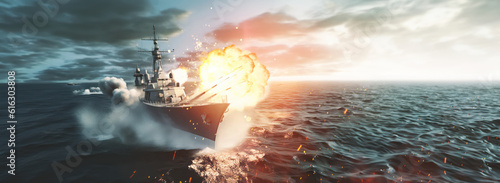 military naval warship destroyer shooting anti aircraft defense missiles for tactical world war concepts as wide banner with copy space area - Generative AI