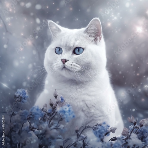 White British Shorthair cat in snow