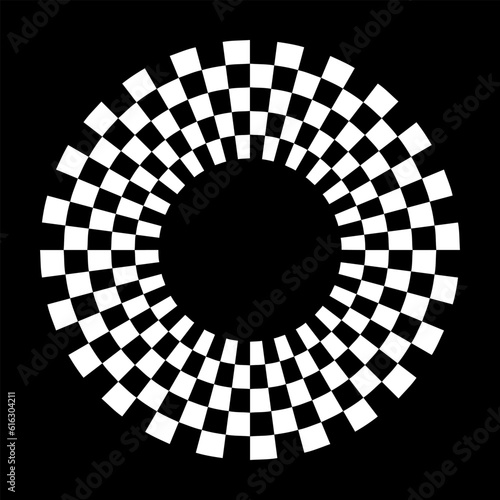 Circle checkerboard race frame, spiral design border pattern, copy space. Black background. EPS includes pattern swatch that will seamlessly fill any shape.