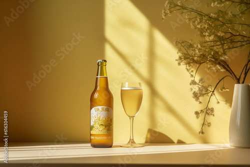 A close-up shot of a glass of golden beer and a bottle, inside a yellow kitchen фототапет