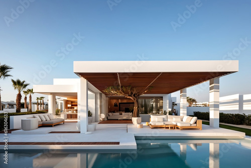 A spacious outdoor beach house patio with a wooden pavilion that covers a swimming pool, the perfect spot for relaxation and entertainment © JesusCarreon
