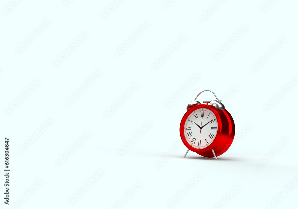 3d rendering of a red metal clock with an alarm clock function. Illustration on the topic of work, business, time. Minimal style. Blue background.