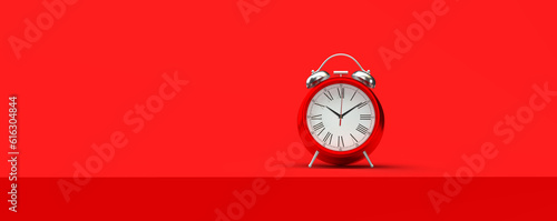 3d rendering of a metal red clock with an alarm clock function. Illustration on the topic of work, business, time. Minimal style. Red background.