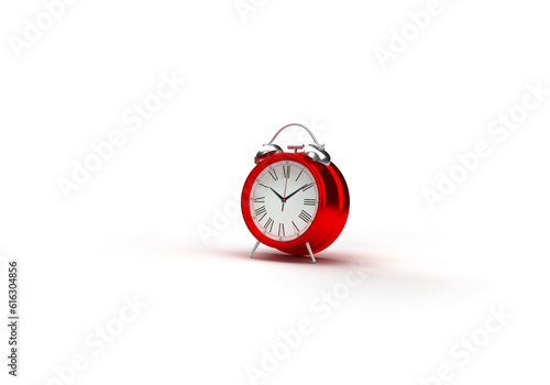 3d rendering of a red metal clock with alarm clock function. Illustration on the topic of work, business, time. Minimal style. Transparent background.