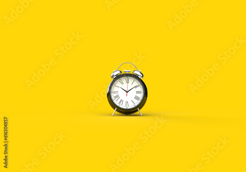 3d rendering of a metal black watch with an alarm clock function. Illustration on the topic of work, business, time. Minimal style. Yellow background.