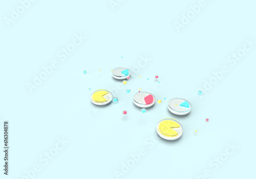 3d rendering glowing circles of analytics, dashboards. Illustration on the topic of work, business, calculations, statistics, data, analytics. Minimal style. Blue background.