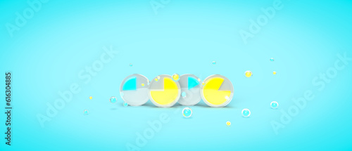 3d rendering glowing circles of analytics  dashboards. Illustration on the topic of work  business  calculations  statistics  data  analytics. Minimal style. Blue background.