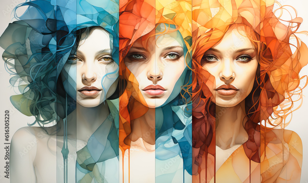 Obraz premium Embracing Diversity in Art: Captivating Women's Empowerment Through Vibrant Watercolor Paintings and Wall Murals. Illustration.