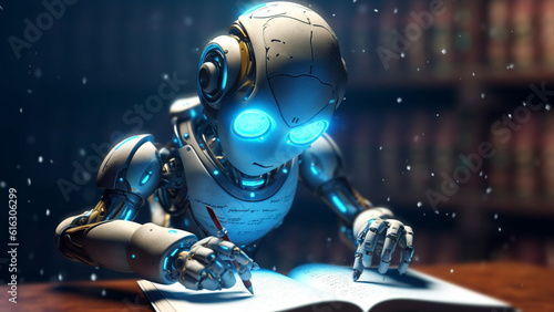 Robot writes some notes with a pen. Artificial Intelligence Technology Concept.