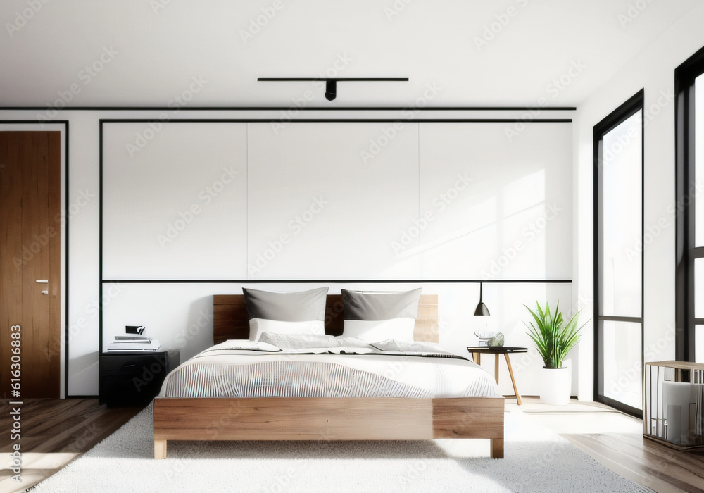 Modern bedroom with window.Generative AI Modern bedroom with window.Generative AI