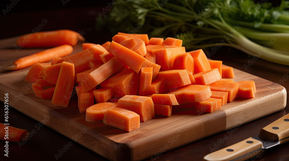 diced orange carrots lie on a wooden chopping board. Generative AI diced orange carrots lie on a wooden chopping board. Generative AI