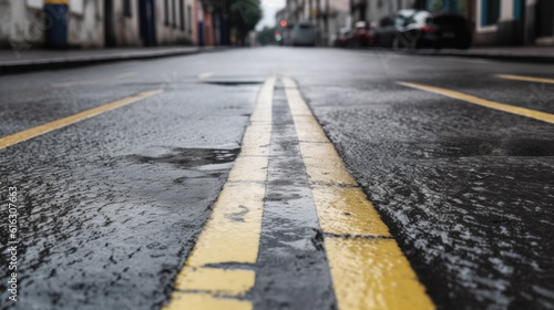 close up of yellow markings on a road. Generative AI
