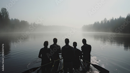 Back view on a group of swimmers with a boat on a lake with fog. Generative AI