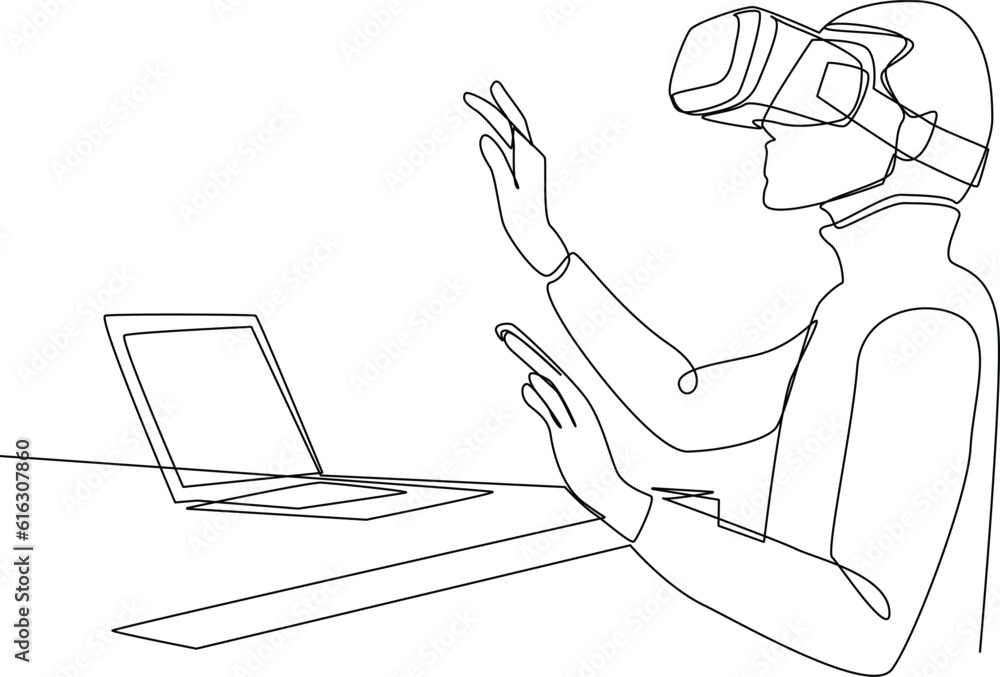 Simple continuous line draw of a man used virtual reality at work. Technology minimalist concept. technology, simple line, continuous line, vector. 