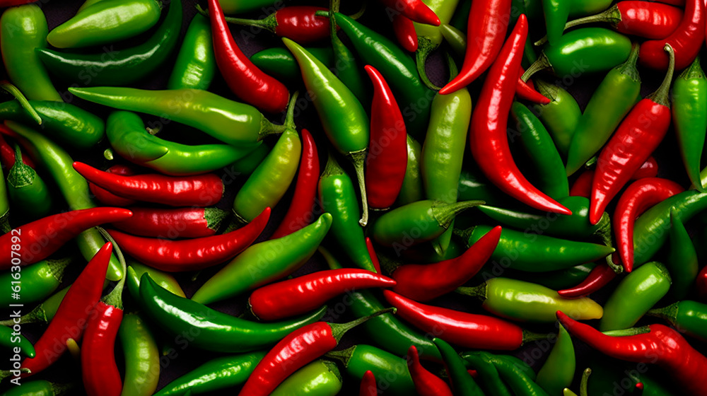 Abstract background: colorful hot peppers. Banner. ai