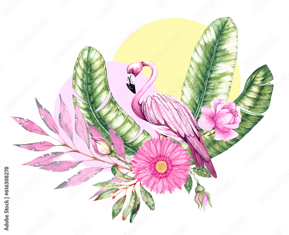 Obraz premium Tropical geometric composition with flamingos, banana leaves, flowers
