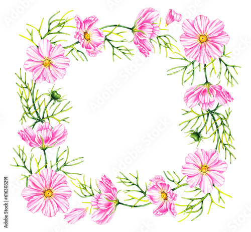 Wreath of cosmos flowers isolated on a white background