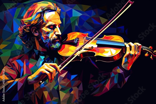 The illustration of a jazz violinist, stained glass art concept. Generative AI