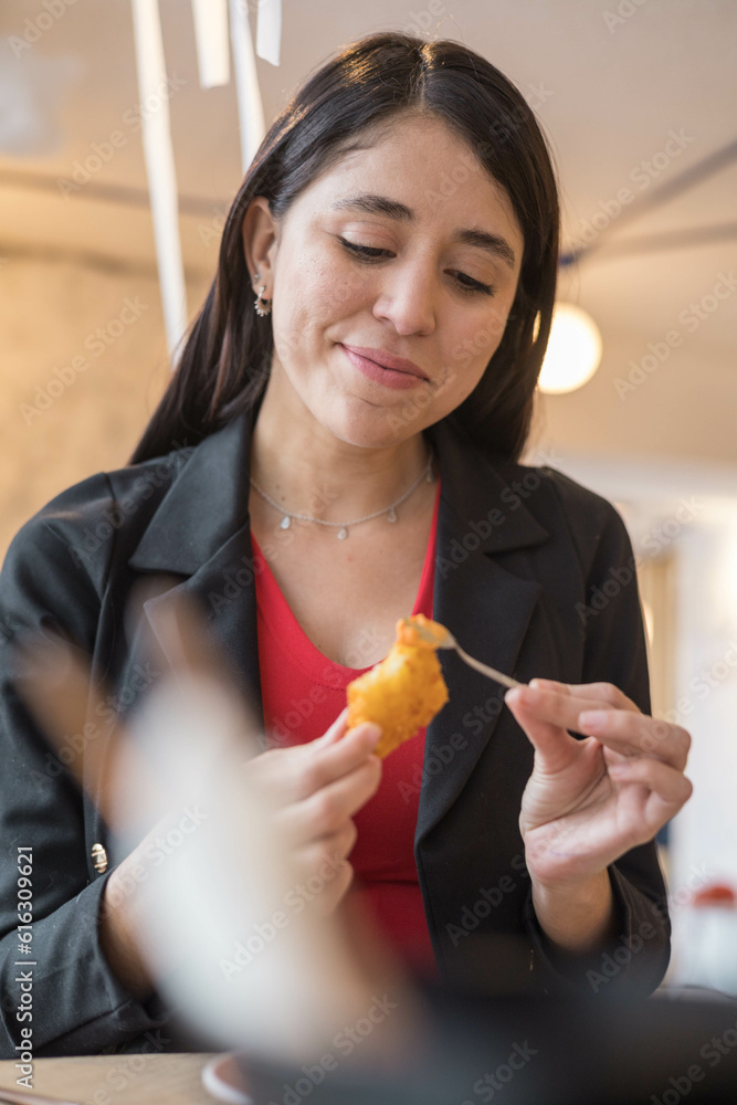 having lunch a woman with long straight hair, lifestyle and natural beauty, details of the face trying food, happy person having lunch a woman with long straight hair, lifestyle and natural beauty, details of the face trying food, happy person