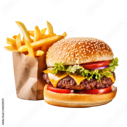 Hamburger and Fries American Fast Food Meal, Isolated on Transparent Background Illustration