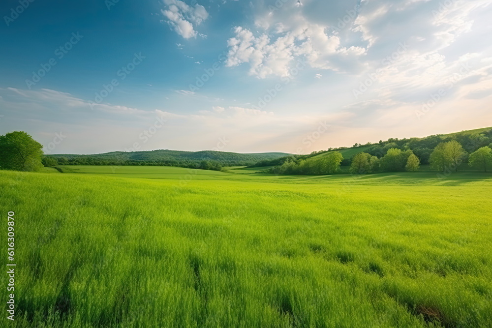 natural landscape with green grass field, spring summer landscape