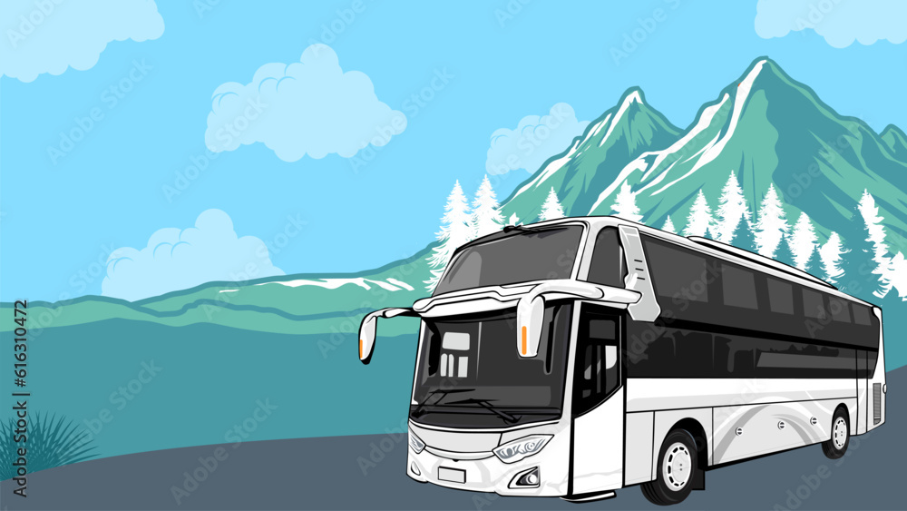 rural transit bus with rural landscape background illustration