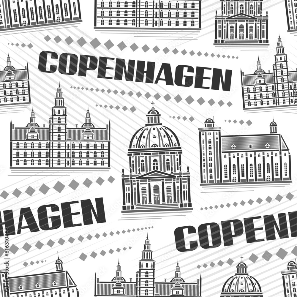 Vector Copenhagen Seamless Pattern, repeating background with illustration of famous european copenhagen city scape on white background, monochrome line art urban poster with black text copenhagen