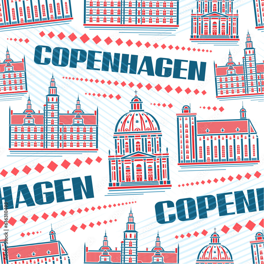 Vector Copenhagen Seamless Pattern, repeat background with illustration of famous copenhagen city scape on white background for bed linen, decorative line art urban poster with blue text copenhagen