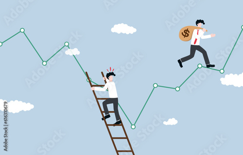Lose opportunity to profit from stock market, false speculation concept, Businessman climbing down ladder against downtrend graph while another investor carrying money bag on uptrend graph.