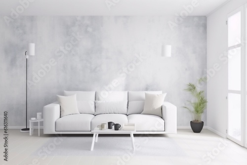 interior background lifestyle white floor loft lounge grey couch decoration. Generative AI.