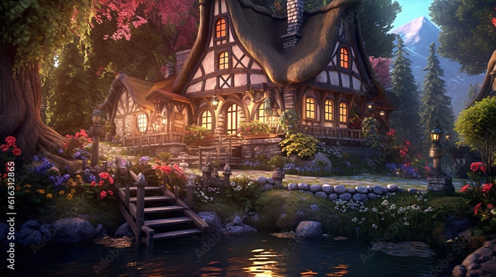 Fototapeta premium enchanting fairytale house, digital art illustration