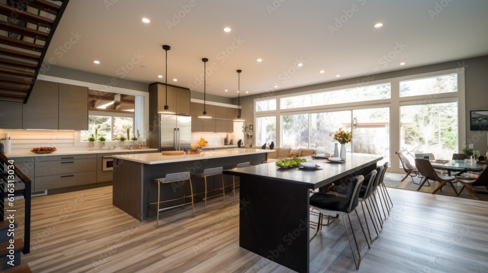 Light wooden floor kitchen interior with dining table and cooking space ...