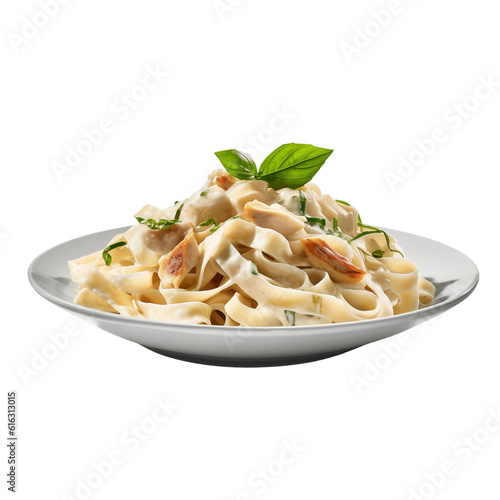 Plate of fettucini alfredo with garnish isolated on transparent background for menu, side view, delicious Italian pasta dish food menu. generative ai