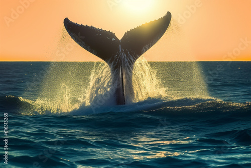 Generative AI. whale tail photo background on the water