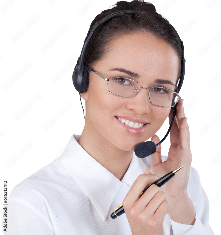 Woman Call Center Employee Talking on Headset ang Holding Pen - Isolated Woman Call Center Employee Talking on Headset ang Holding Pen - Isolated
