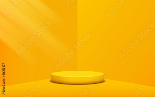 product podium display 3d Empty Cylinder circle in yellow color room corner background