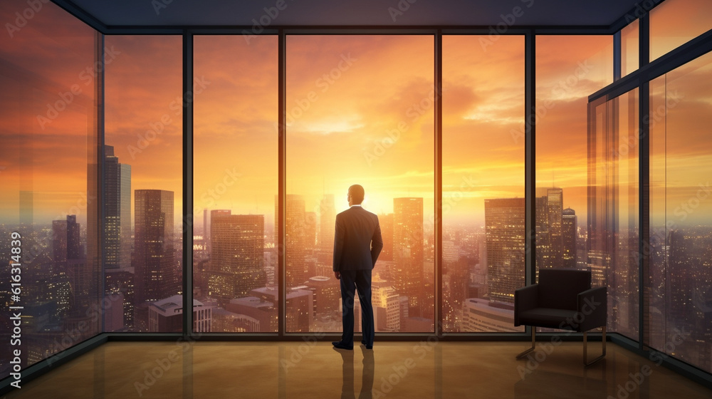 Business man standing in the office looking out of the window at sunset sky. AI Generative.
