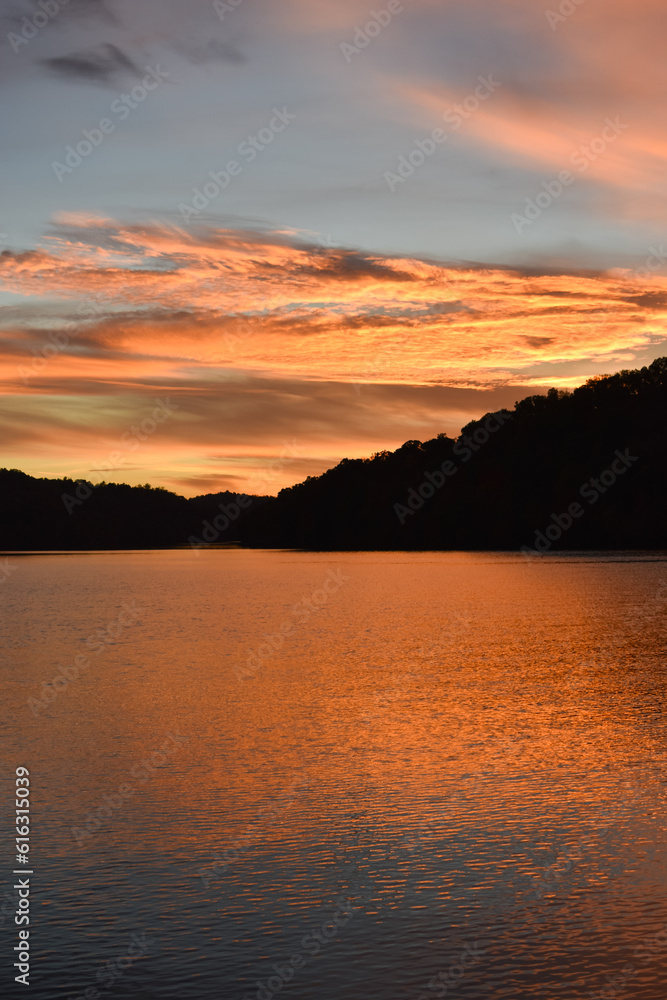 Orange sunset over Cheat Lake, West Virginia