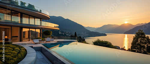 An luxury home with a beautiful sunset view of Lake Como in Italy. Modern architecture with a pool for a summer getaway vacation in paradise  © jonathon