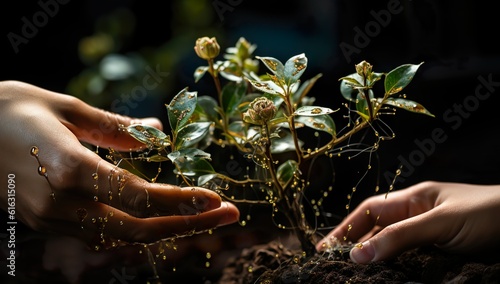 Hands holding and caring a plant in garden, green, biology, ecology, utopia, connection, ai generated