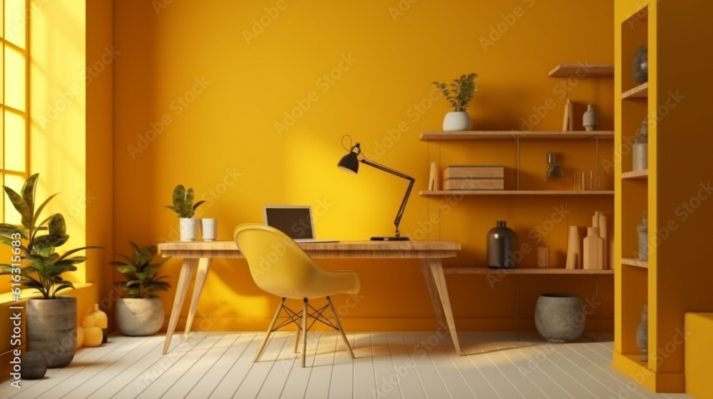 Fototapeta premium Yellow working room mock up designs.Generative AI.