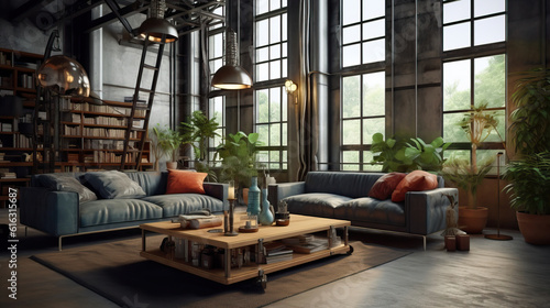 Living Room Interior in loft industrial style , Mockups Design 3D, HD © ACE STEEL D