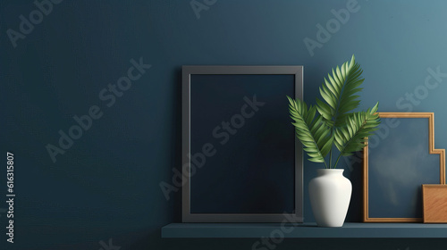 Mock Up poster frame close up on dark blue wall  Mockups Design 3D  HD