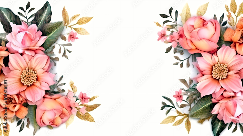 Delicate Florist Pink Flowers and Roses Border on White Paper Background with Leafs, ai generative